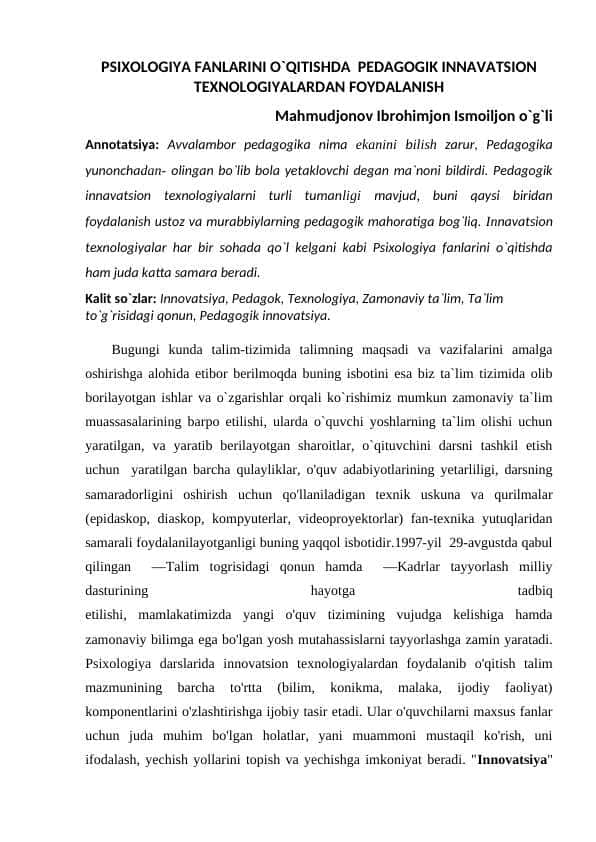 PSIXOLOGIYA FANLARINI O`QITISHDA PEDAGOGIK INNAVATSION TEXNOLOGIYALARDAN FOYDALANISH