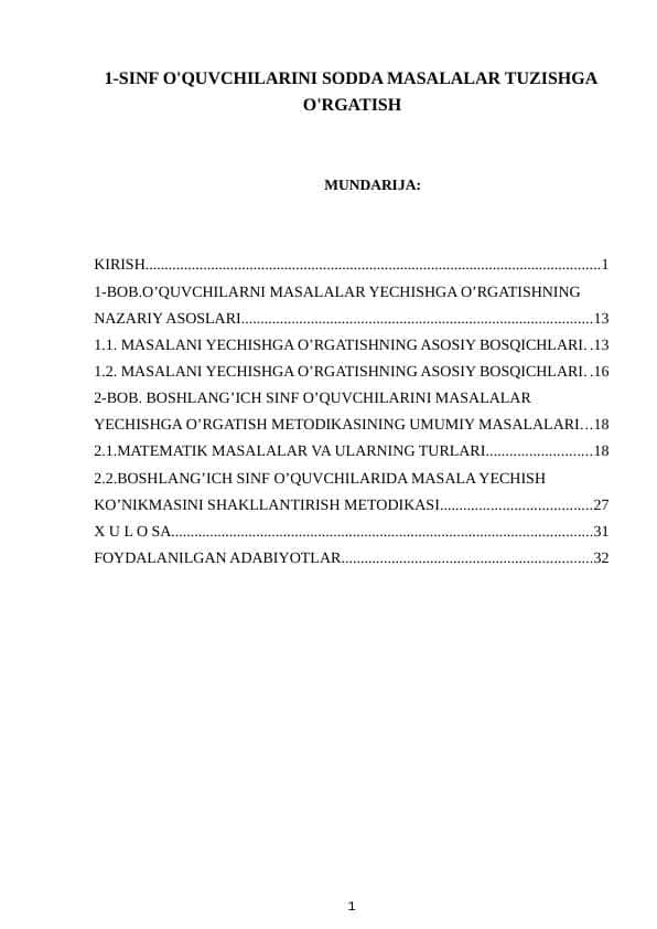 1-SINF O'QUVCHILARINI SODDA MASALALAR TUZISHGA O'RGATISH