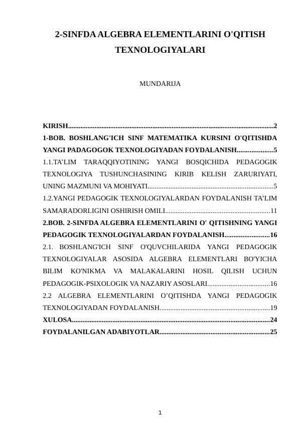 2-SINFDA ALGEBRA ELEMENTLARINI O'QITISH TEXNOLOGIYALARI
