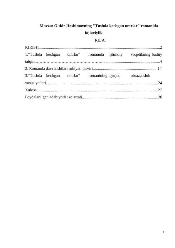 O'tkir Hoshimovning Tushda kechgan umrlar romanida fojiaviylik