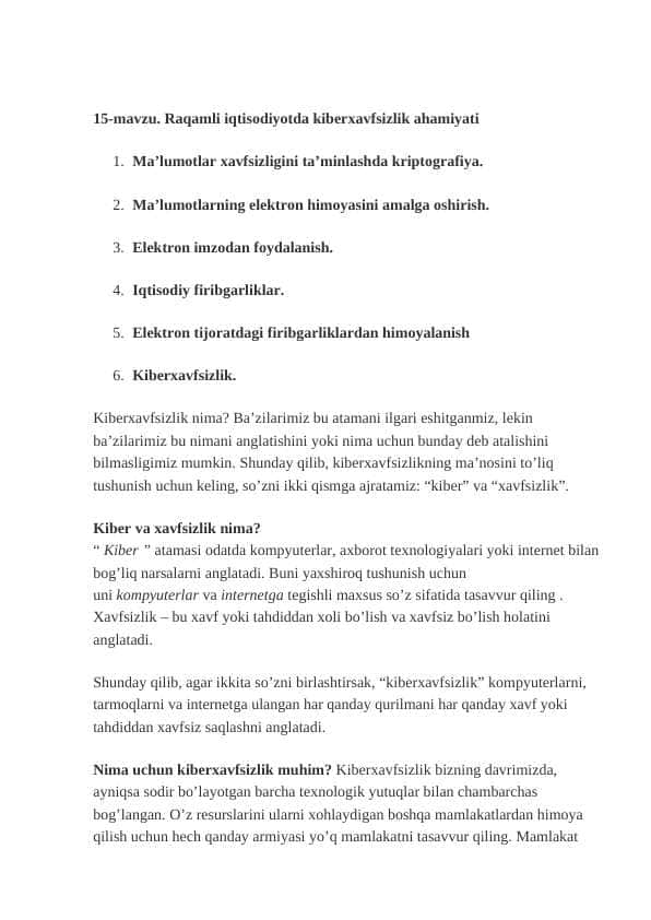 Raqamli iqtisodiyotda kiberxavfsizlik ahamiyati