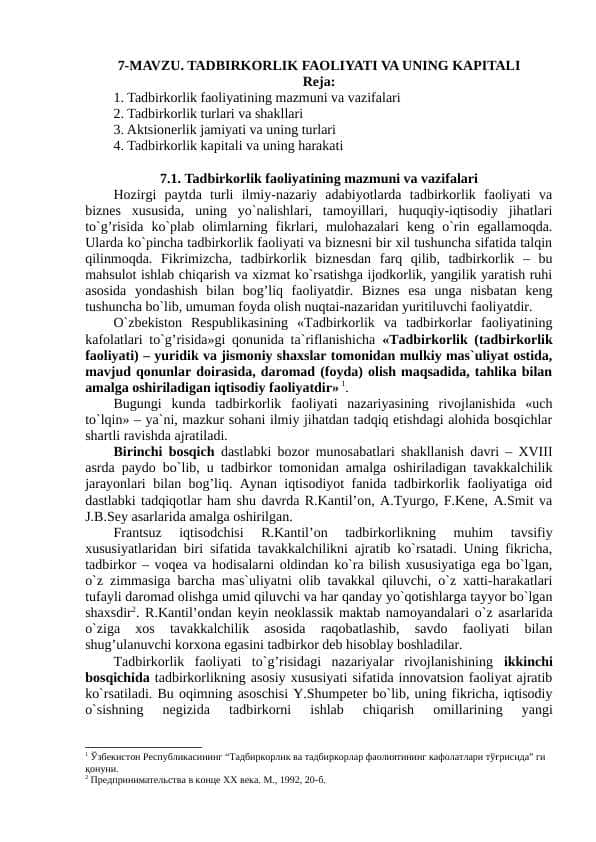 Tadbirkorlik faoliyati va uning kapitali