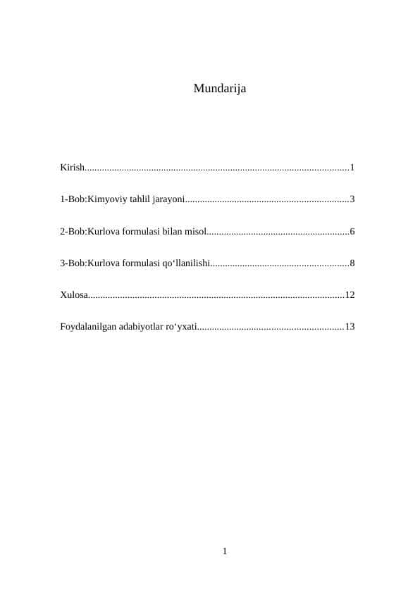 kimyoviy tahlil natijalarini kurlova formulasi