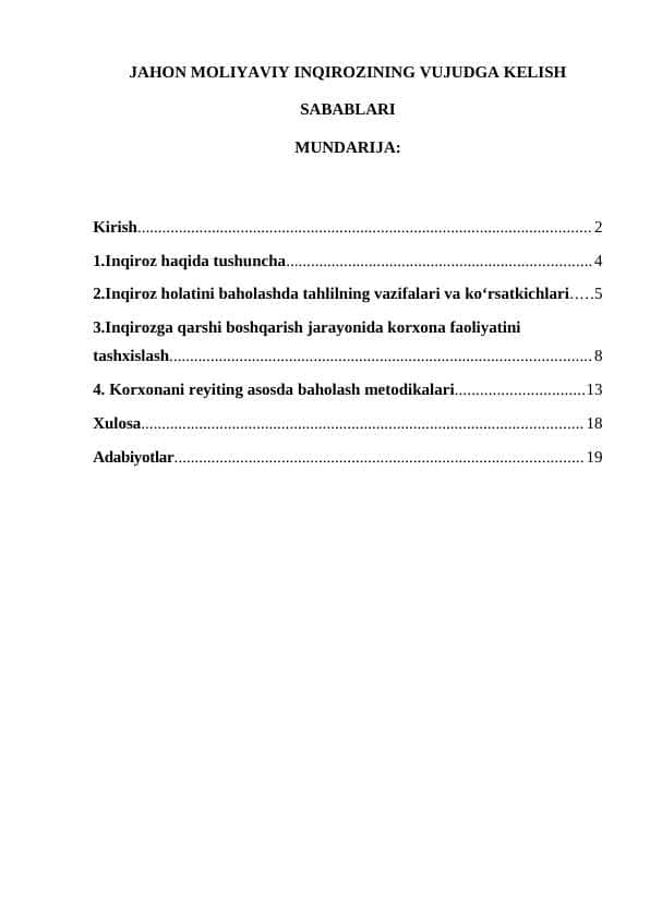 JAHON MOLIYAVIY INQIROZINING VUJUDGA KELISH SABABLARI