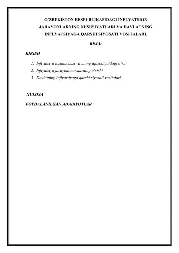 OʼZBEKISTON RESPUBLIKASIDAGI INFLYATSION JARAYONLARNING XUSUSIYATLARI VA DAVLATNING INFLYATSIYAGA QARSHI SIYOSATI VOSITALARI.