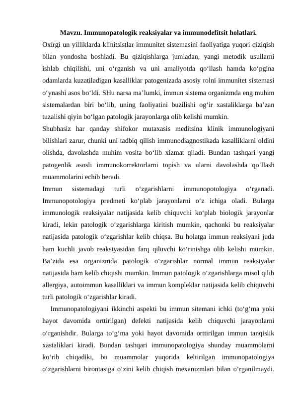 Immunopatologik reaksiyalar va immunodefitsit holatlari