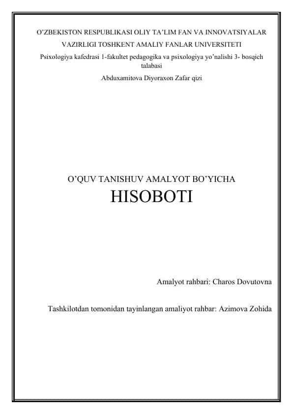 O’quv-tanishuv amalyot bo’yicha hisobot