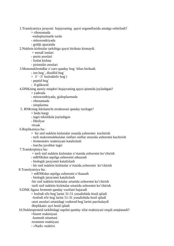 Biologik kimyo test javoblari bilan