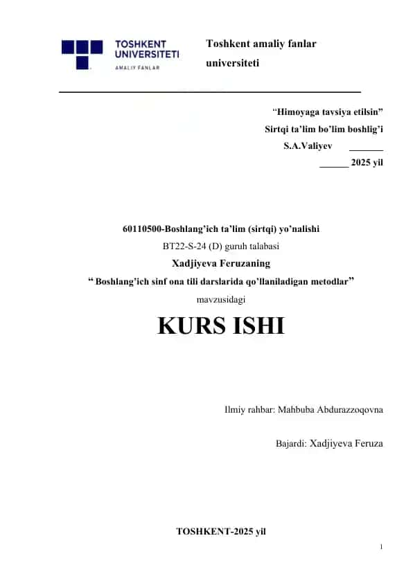 Boshlang’ich sinf ona tili darslarida qo’llaniladigan metodlar