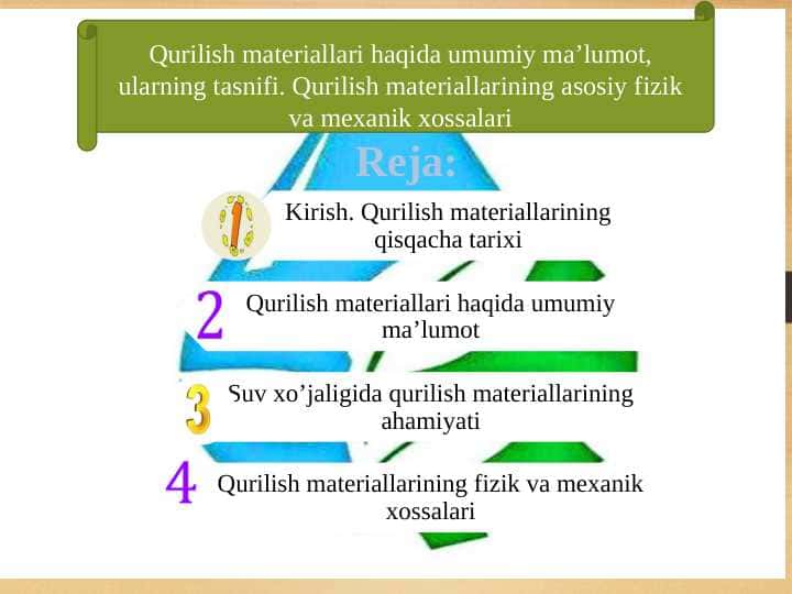 Qurilish materiallari haqida umumiy ma’lumot, ularning tasnifi. Qurilish materiallarining asosiy fizik va mexanik xossalari.