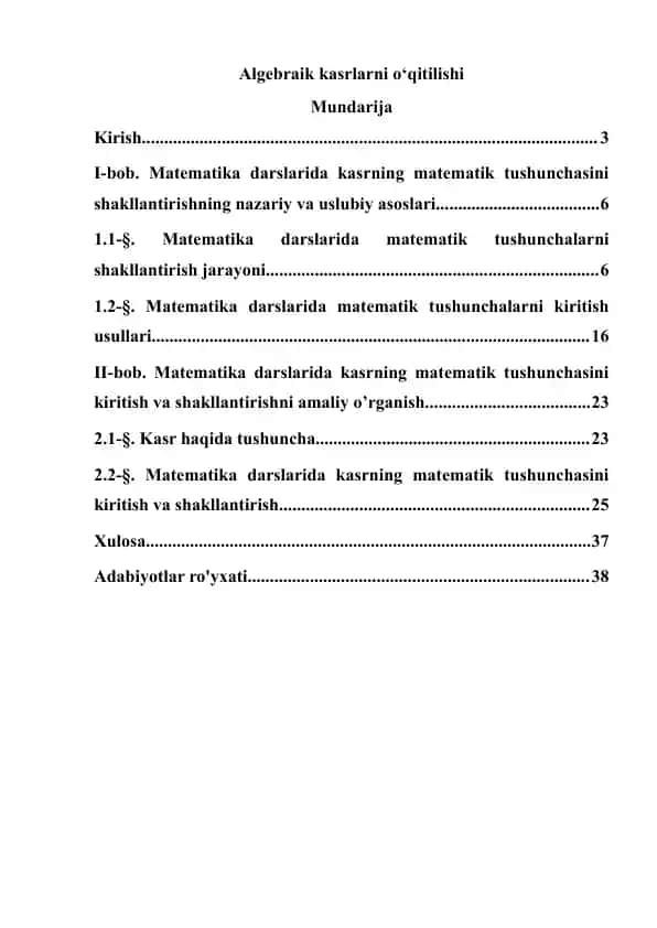 Algebraik kasrlarni o‘qitilishi