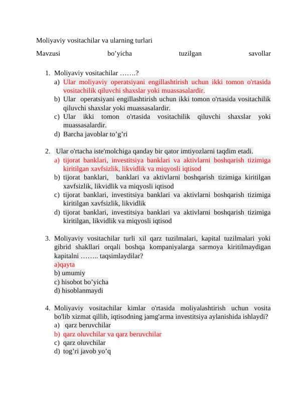 Moliyaviy vositachilar va ularning turlari SAVOLLAR JAVOBLARI BILAN