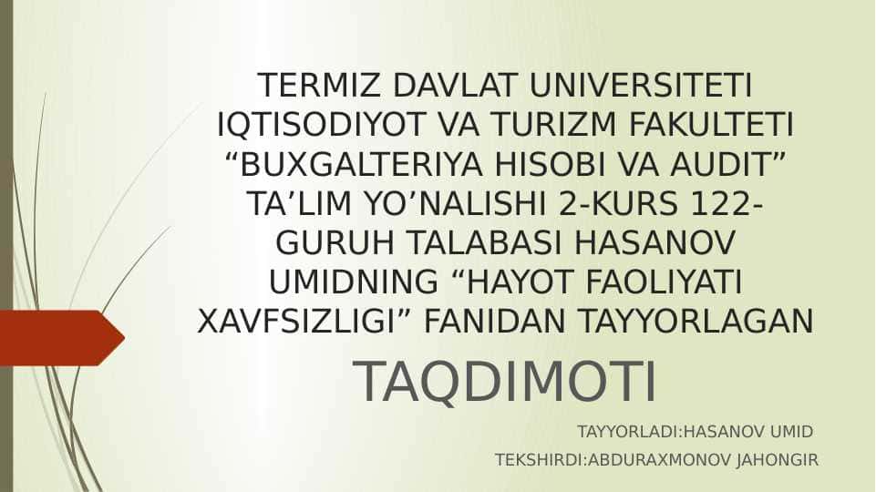 ATMOSFERA HOLATI O’ZGARISHI BILAN BOG’LIQ FAVQULODDA VAZIYATLARNI OLDINI OLISH