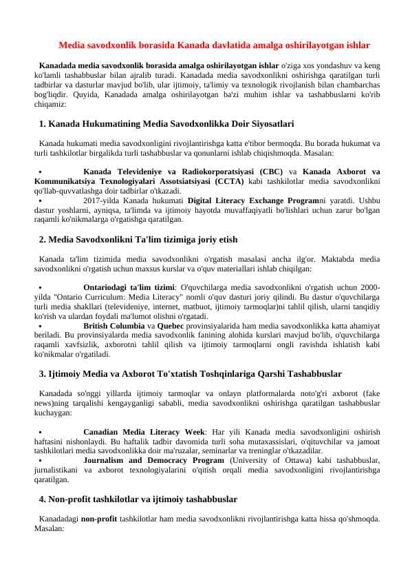 Media savodxonlik borasida Kanada va Singapur davlatida amalga oshirilayotgan ishlar