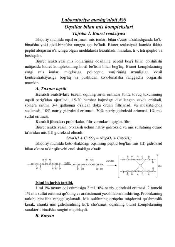 Oqsillar bilan mis komplekslari Tajriba 1. Biuret reaksiyasi