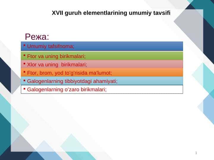 XVII guruh elementlarining umumiy tavsifi