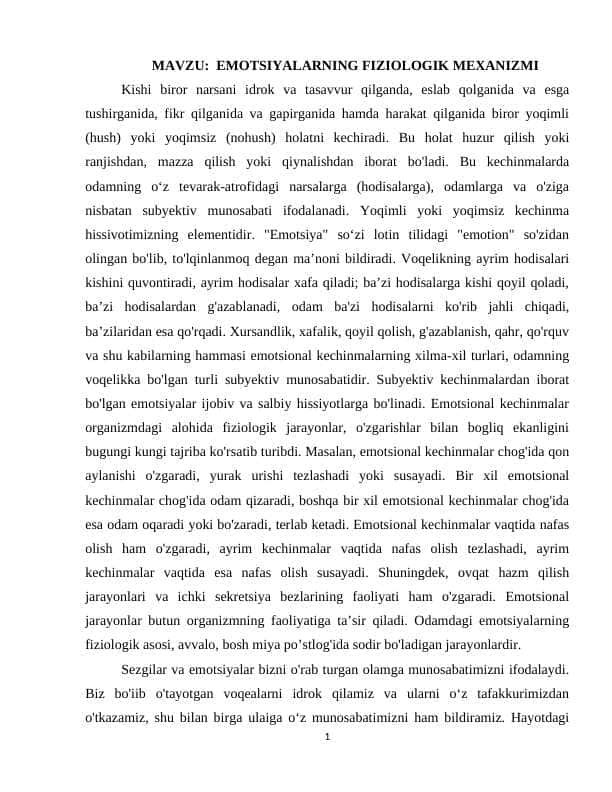 EMOTSIYALARNING FIZIOLOGIK MEXANIZMI