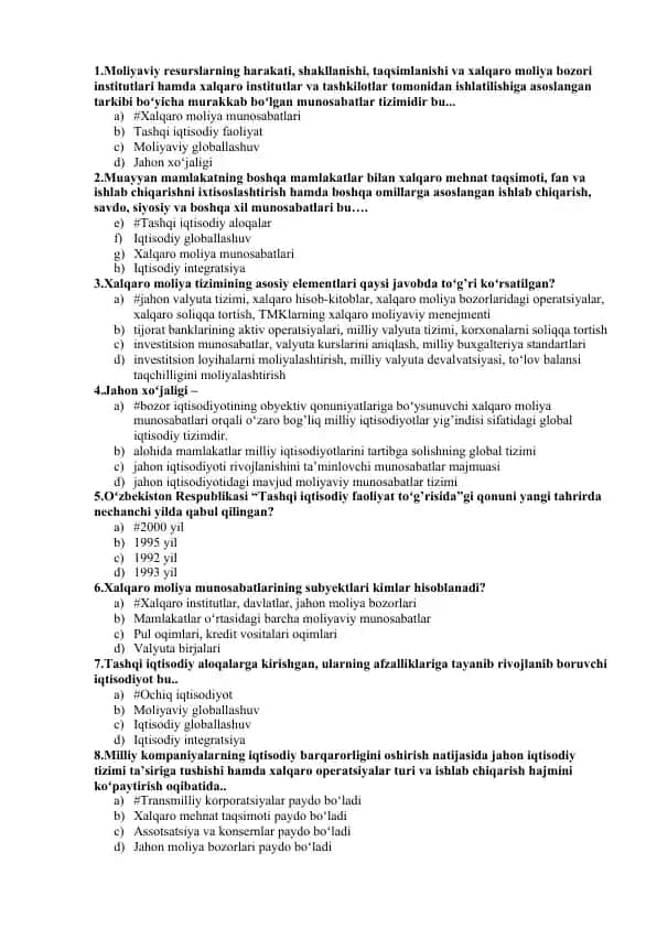 Xalqaro moliya test 200+