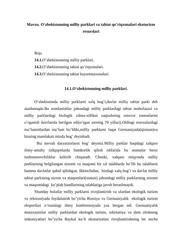 O‘zbekistonning milliy parklari va tabiat qoʼriqxonalari ekoturizm resurslari