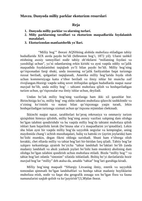 Dunyodа milliy pаrklаr ekоturizm resurslаri