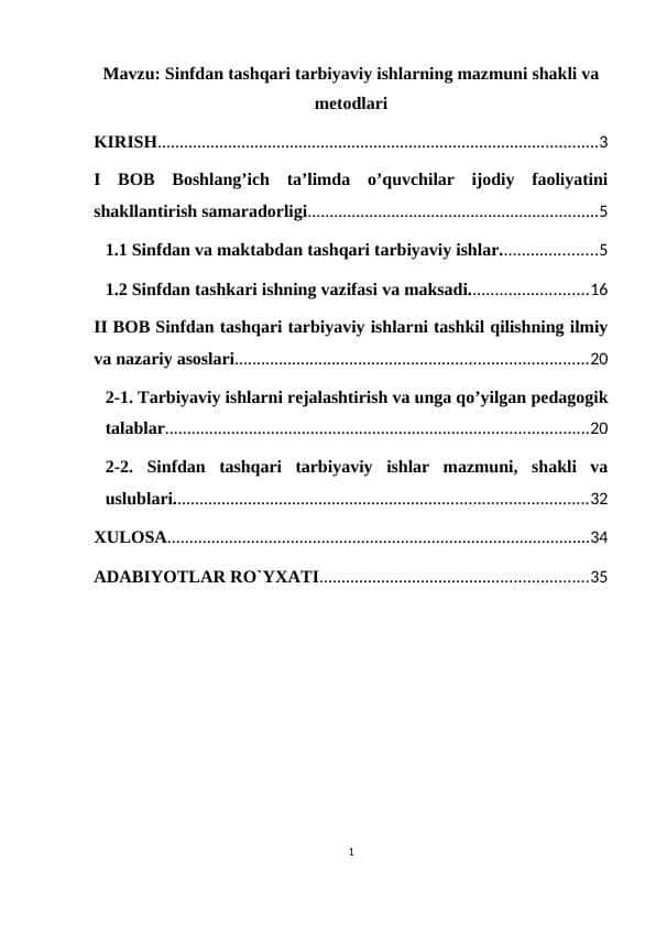 Sinfdan tashqari tarbiyaviy ishlarning mazmuni shakli va metodlari