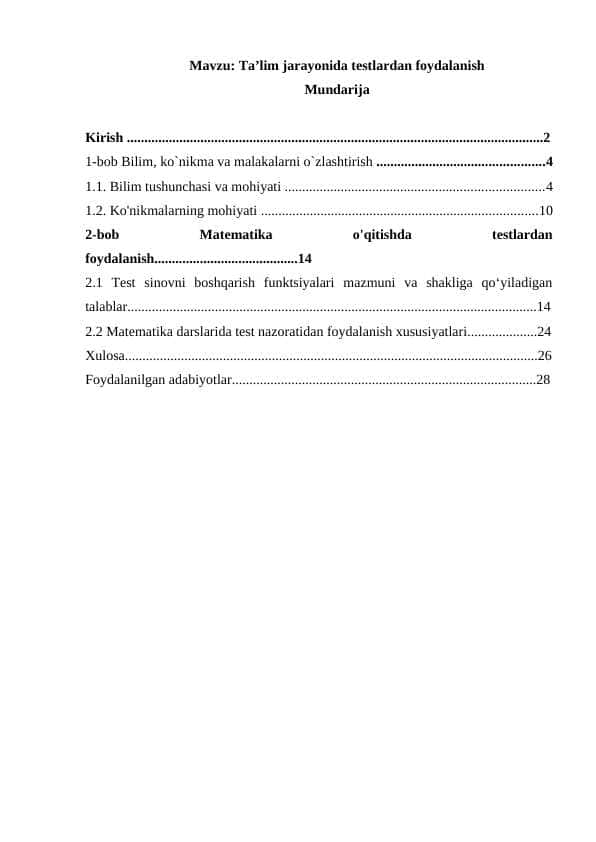 Ta’lim jarayonida testlardan foydalanish