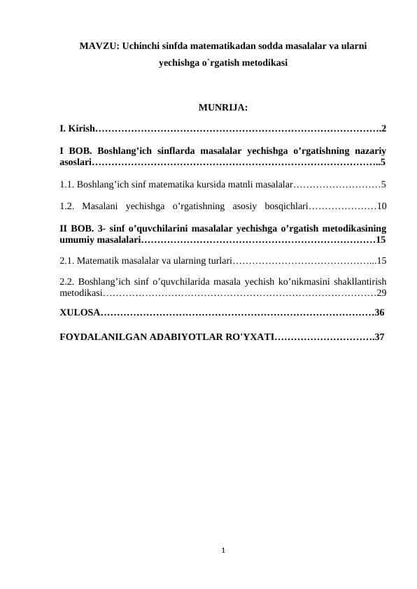 Uchinchi sinfda matеmatikadan sоdda masalalar va ularni yеchishga o`rgatish mеtоdikasi