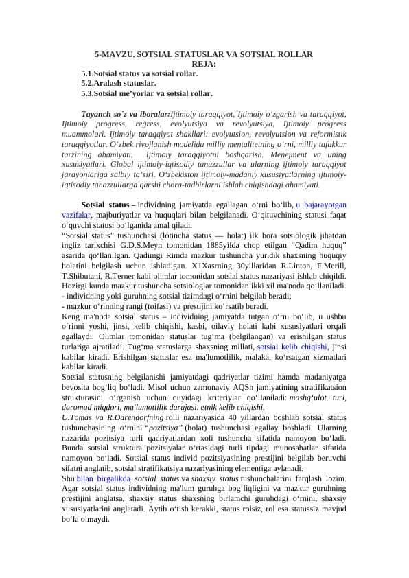 Sotsiologik statuslar va sotsiologik rollar