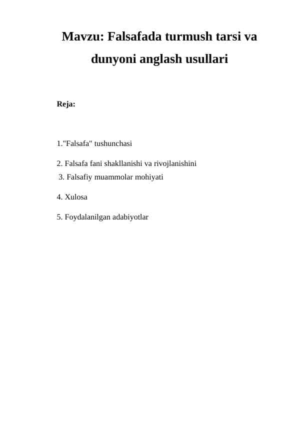 Falsafada turmush tarsi va dunyoni anglash usullari