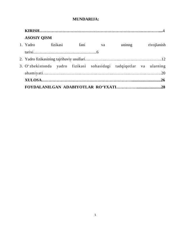 O’zbekistonda yadro fizikasi sohasidagi tadqiqotlar va ularning natijalaridan xalq xo’jaligidagi foydalanish