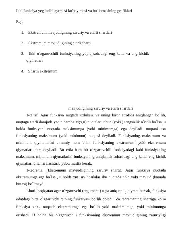 Ikki funksiya yeg'indisi ayrmasi ko'paytmasi va bo'linmasining grafiklari