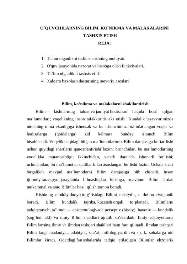 O`QUVCHILARNING BILIM, KO`NIKMA VA MALAKALARINI TASHXIS ETISH