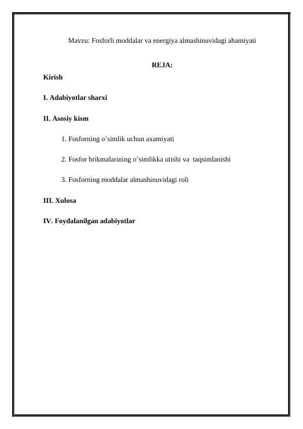 Fosforli moddalar va energiya almashinuvidagi ahamiyati