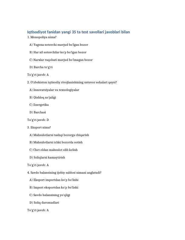 Iqtisodiyot fanidan yangi 35 ta test savollari javoblari bilan