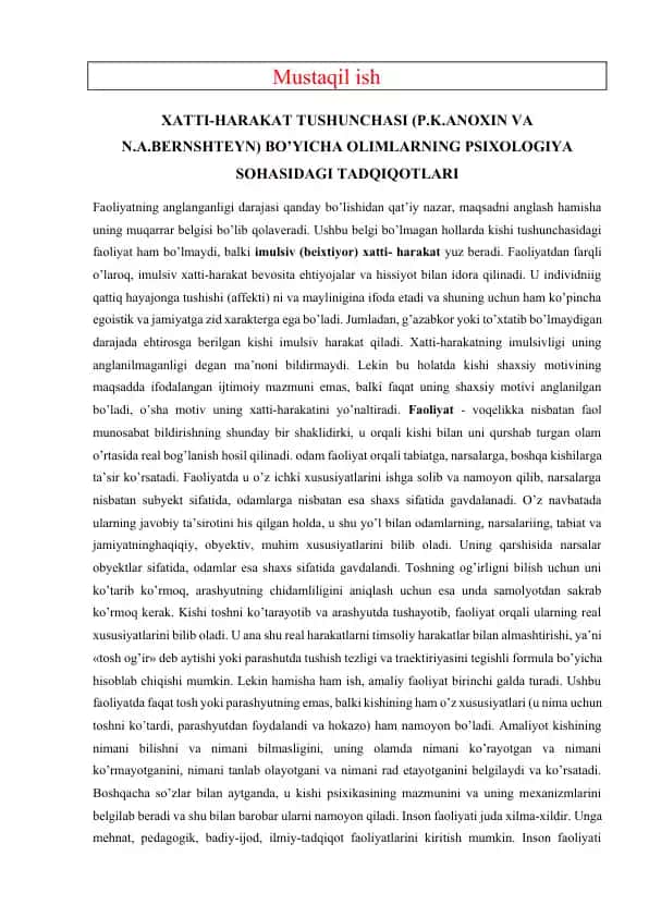 Xatti-harakat tushunchasi (P.K.Anoxin va N.A.Bernshteyn) bo’yicha olimlarning psixologiya sohasidagi tadqiqotlari