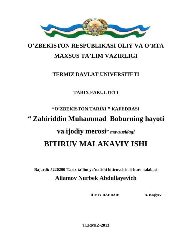 ZAHIRIDDIN MUHAMMAD BOBURNING HAYOTI VA IJODIY MEROSI