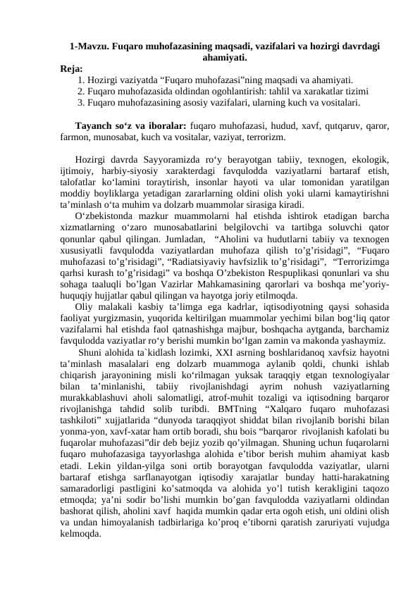 Fuqaro muhofazasining maqsadi, vazifalari va hozirgi davrdagi ahamiyati.