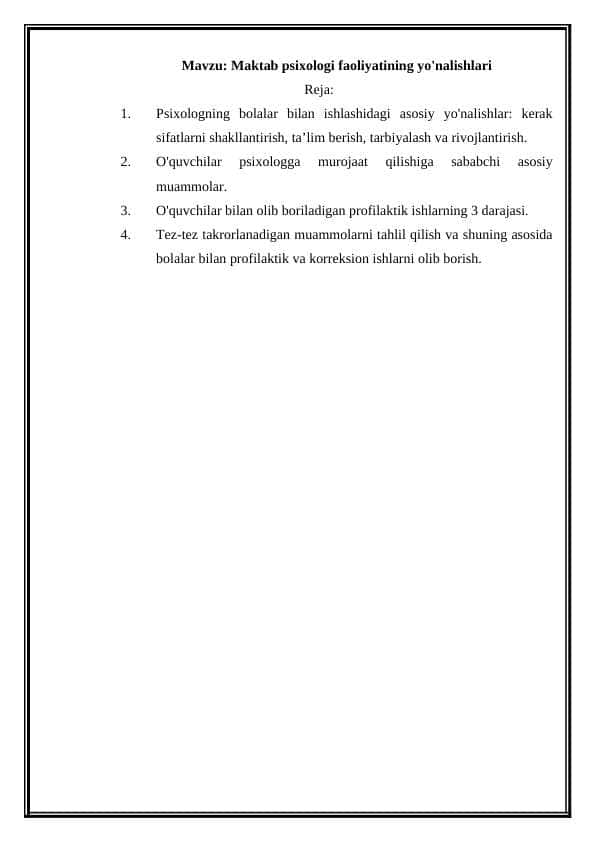 Maktab psixologi faoliyatining yo'nalishlari
