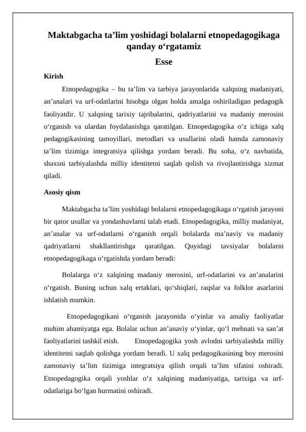 Maktabgacha ta’lim yoshidagi bolalarni etnopedagogikaga qanday o‘rgatamiz