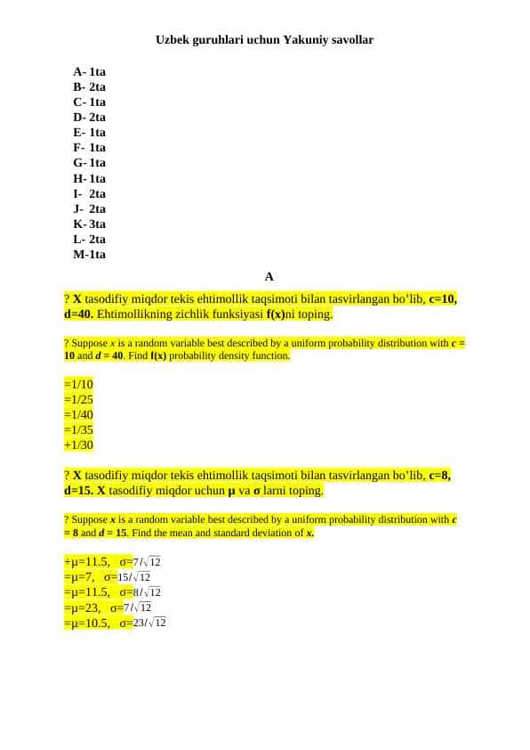 Statistika test savollari va javoblari bilan Statistika test savollari va javoblari bilan