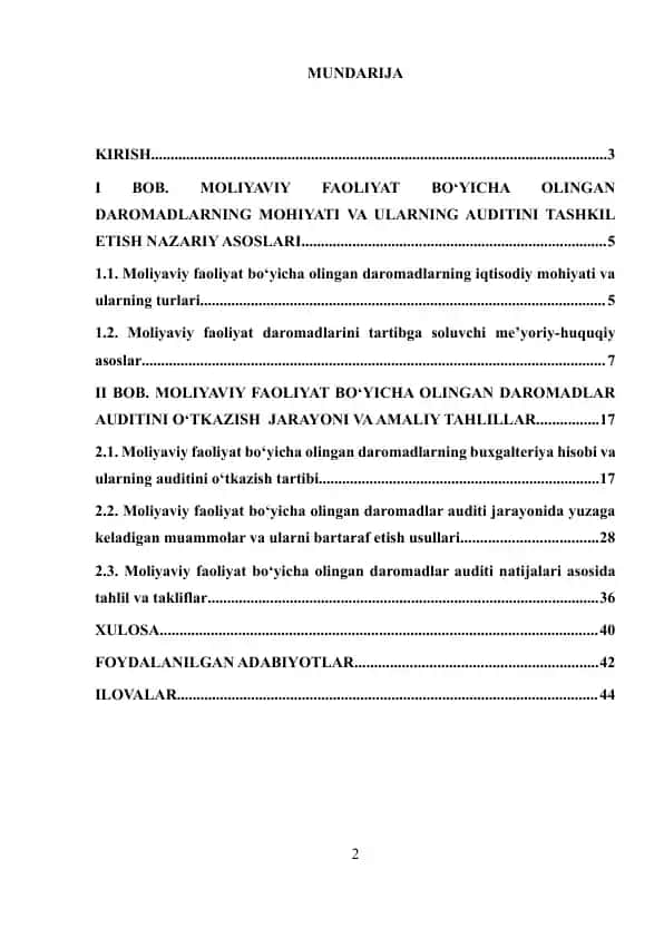 Moliyaviy faoliyat bo'yicha olingan daromadlar auditi va ularning tahlil