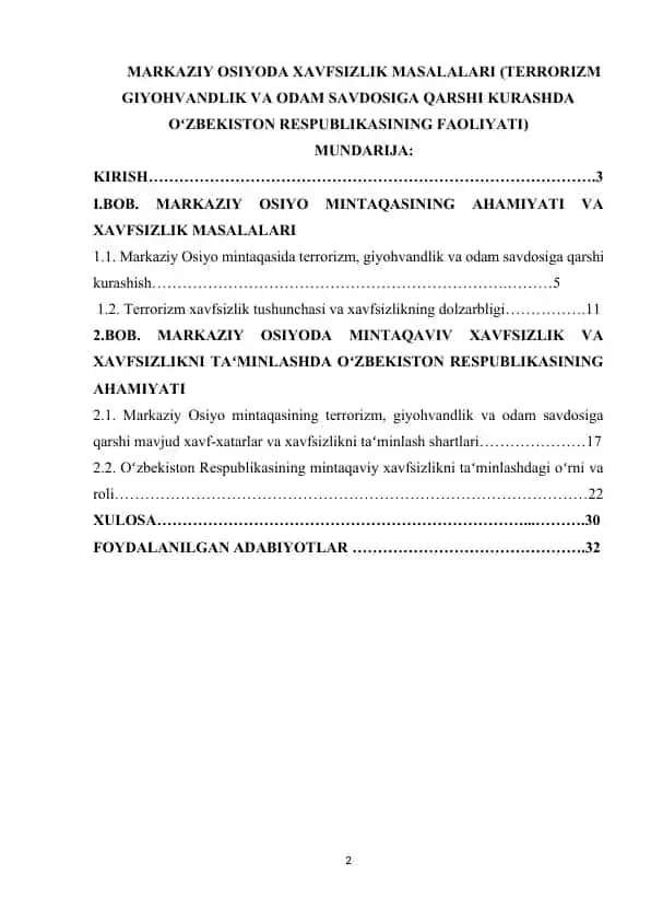 MARKAZIY OSIYODA XAVFSIZLIK MASALALARI (TERRORIZM GIYOHVANDLIK VA ODAM SAVDOSIGA QARSHI KURASHDA OʻZBEKISTON RESPUBLIKASINING FAOLIYATI)