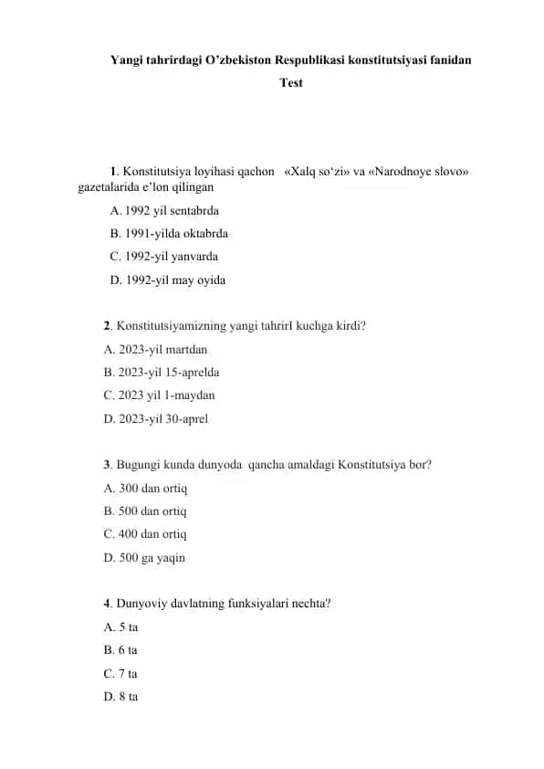 Yangi tahrirdagi O’zbekiston Respublikasi konstitutsiyasi fanidan test