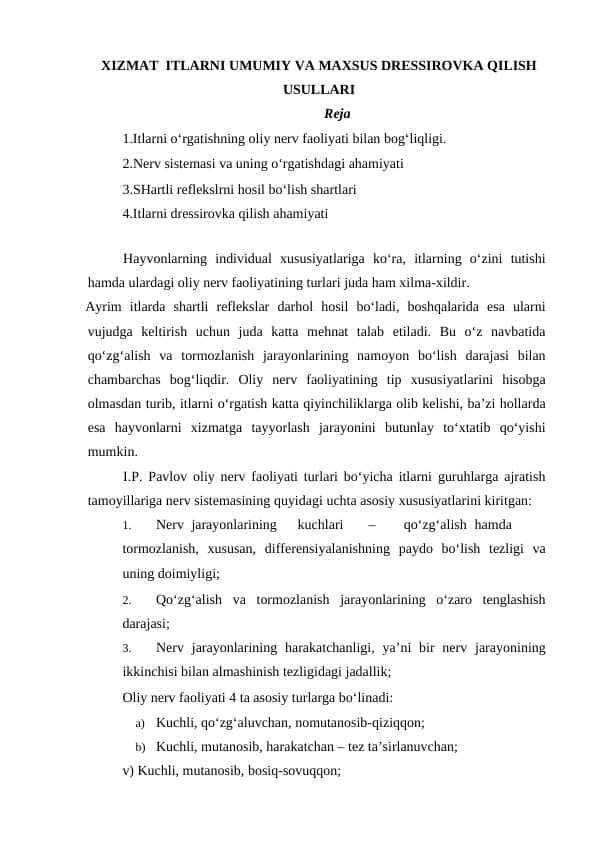 XIZMAT ITLARNI UMUMIY VA MAXSUS DRESSIROVKA QILISH USULLARI