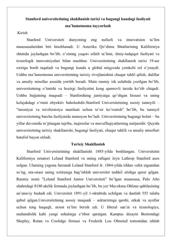 Stanford universitetining shakllanish tarixi va bugungi kundagi faoliyat