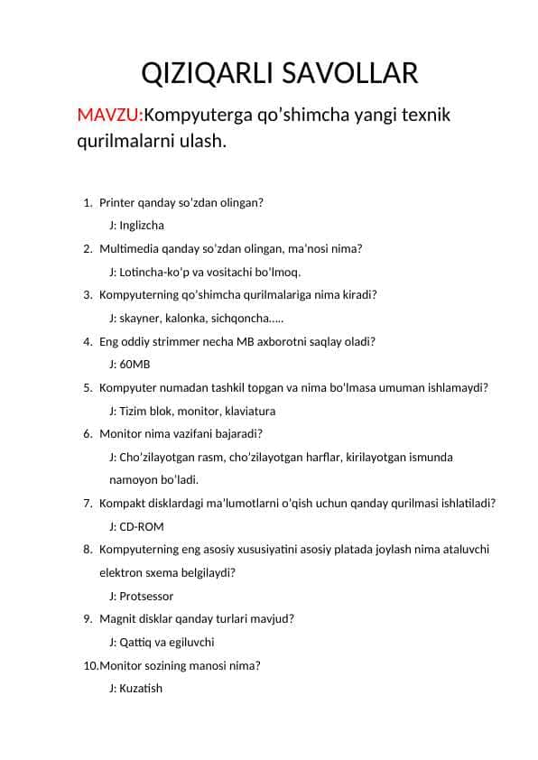 QIZIQARLI SAVOLLAR
