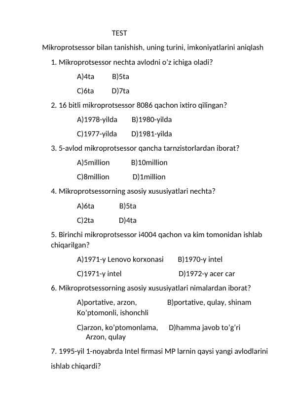 Mikroprotsessor bilan tanishish, uning turini, imkoniyatlarini aniqlash