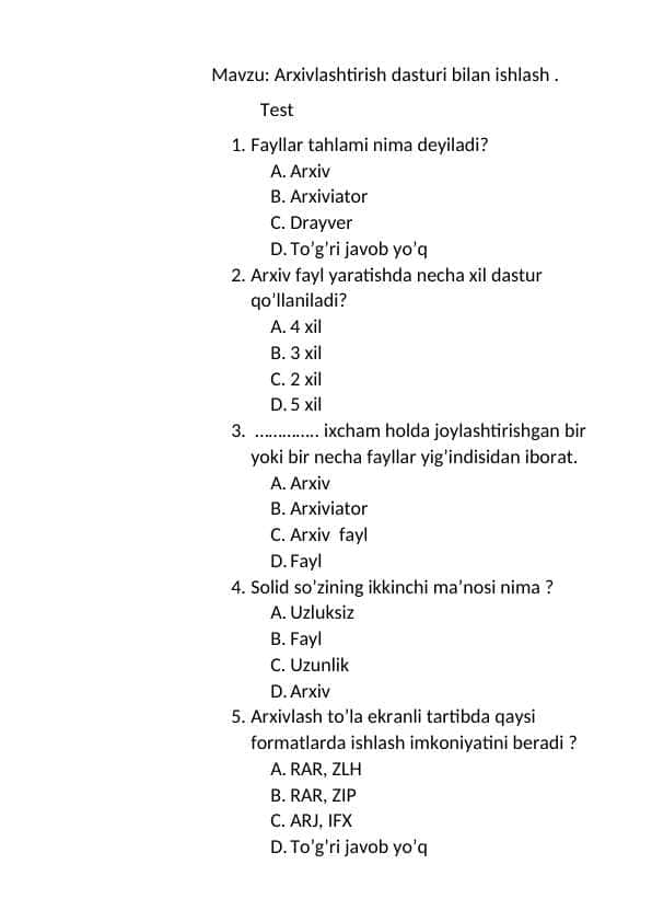 Arxivlashtirish dasturi bilan ishlash .