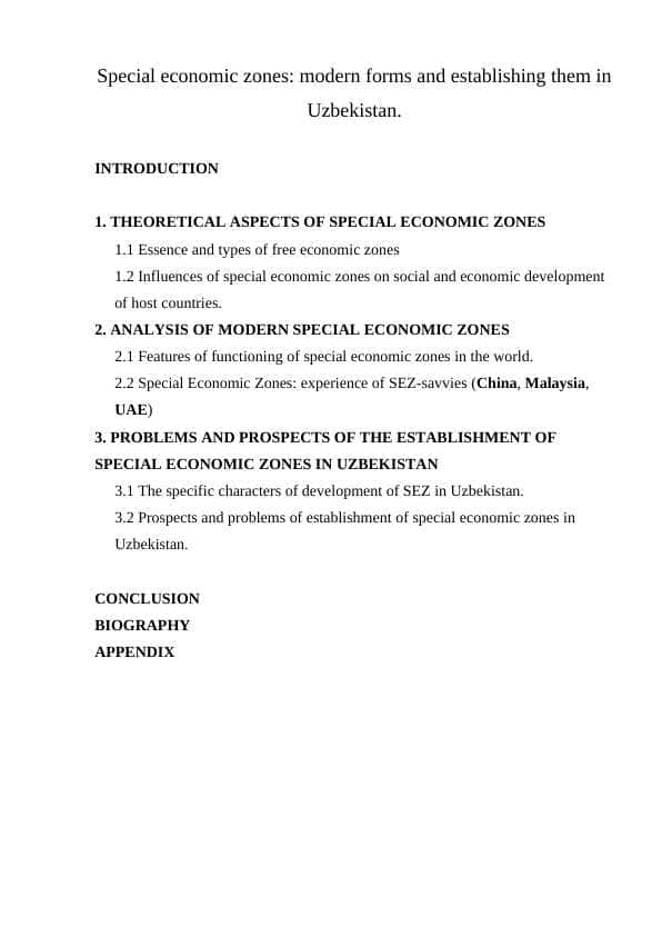 Special economic zones modern forms and establishing them in Uzbekistan.