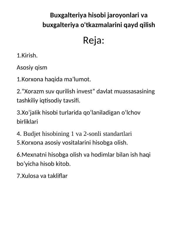 Buxgalteriya hisobi jaroyonlari va buxgalteriya o'tkazmalarini qayd qilish